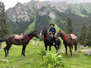 a man on two horses in a field at "Ethno Yurt Camp Argymak" Altyn Arashan in Mineralʼnyy Istochnik Altyn-Arasan