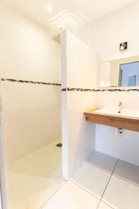 a white bathroom with a shower and a sink at Chais de L'Epinay in Le Bignon +8 photos