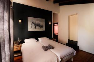 une chambre avec un lit avec deux chaussures dessus dans l'établissement Surfhostel Cape Town, au Cap