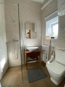 een badkamer met een toilet, een wastafel en een douche bij Casa do Montinho in Caminha