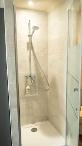 una doccia con una porta in vetro in un bagno di Les Terrasses de l'Orangerie a Durtal