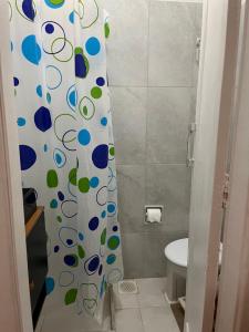 een badkamer met een douchegordijn en een toilet bij Lindo Studio Flamengo in Rio de Janeiro +5 foto's