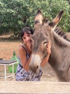 a woman standing next to a donkey at Villa del Lupo in Santa Maria la Palma