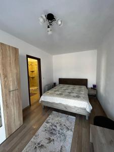 Un dormitorio con una cama y un ventilador de techo. en Casa Anais, en Slăvuţa 9 fotos más