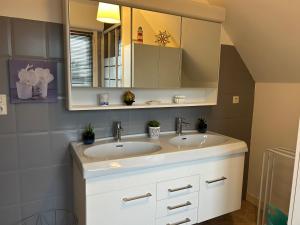 a bathroom with two sinks and a mirror at Appartement deux chambres plus une chambre bébé ou enfant maximum trois ans à la campagne au calme in Cléguérec +8 photos
