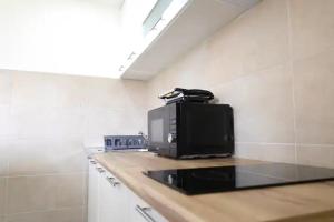 Un microondas colocado encima de una encimera de cocina. en Apartments R&M, en Tivat