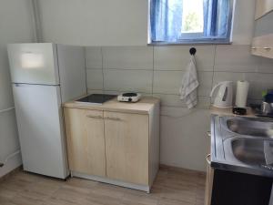 a small kitchen with a refrigerator and a sink at Apartman Plivsko Jezero Jajce in Jajce