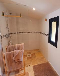 Un baño con ducha y una silla dentro. en Clos Baroanni - Chambre Oléa, en Terraube 12 fotos más