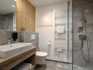 a bathroom with a sink and a toilet and a shower at Apart33 Top 2-15 in Haus im Ennstal +17 photos
