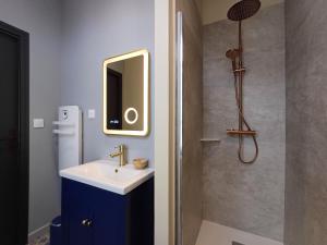 a bathroom with a sink and a shower at La Reinette des Prés in Doudeauville