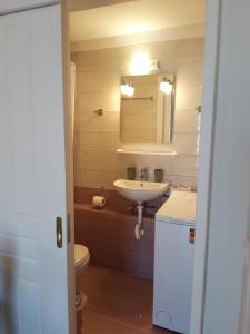 Un baño con lavabo, inodoro y espejo. en Studios Aspasia, en Lavkos