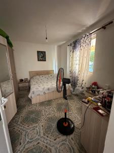 a bedroom with a bed and a fan on the floor at Private house surrounded by greenery in Fier