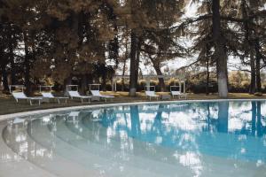 a swimming pool with white chairs and trees at Villa delle Querce Resort in Palo del Colle