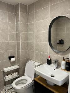ein Badezimmer mit Toilette, Waschbecken und Spiegel in der Unterkunft Single Room in Norwich in Norwich