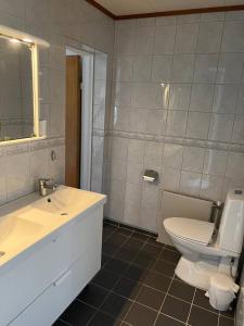 コングスビンゲルにあるStor leilighet på Finnskogen - stillhet og roの白いトイレと洗面台のあるバスルーム