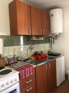 a kitchen with wooden cabinets and a white stove top oven at Stara planina, smestaj Ćirković in Pirot +9 photos