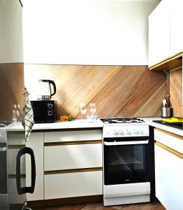 una cucina con piano cottura bianco e forno di Szczecin Centrum 6 a Stettino