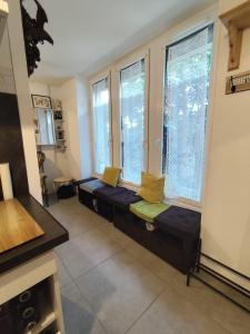 a living room with two benches in front of windows at Joli studio avec cour intérieure in Aix-les-Bains