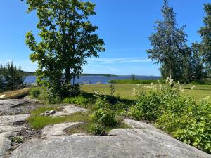 a rock with trees and a field and water at Villa Rönnholm in Kristinestad