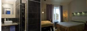 a bathroom with a shower and a sink and a bed at Auberge de la boucle in Moisson