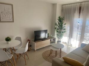 a living room with a couch and a tv and tables at Apartamento Combarro chico in Combarro