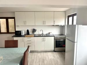 a kitchen with white cabinets and a stainless steel refrigerator at Casa Baloiço do Pitagudo in Maceira +29 photos