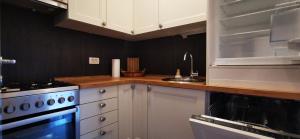 een keuken met witte kasten, een fornuis en een wastafel bij Brand New Place in Rovinj