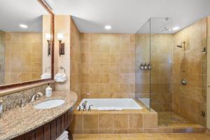 un bagno con vasca e doccia di Suncadia Penthouse with Mountain and River Views! a Cle Elum