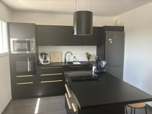 ポール・ド・ブックにあるMaison Port de boucのキッチン(黒いキャビネット、黒いカウンタートップ付)