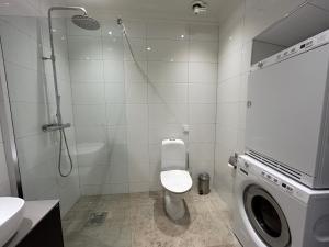 a bathroom with a toilet and a washing machine at Wonderful 3-bedroom APT in heart of Visby in Visby +12 photos