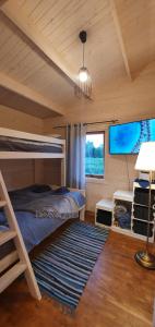 a bedroom with bunk beds and a flat screen tv at Sea breeze Apšuciems in Apšuciems