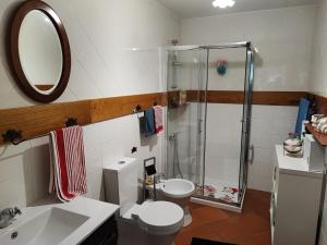 a bathroom with a shower and a toilet and a sink at Casa da Avó in Cetos