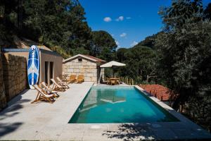 a swimming pool with chairs and a house at Quinta da Ribeirinha - Douro River in Paços de Gaiolo