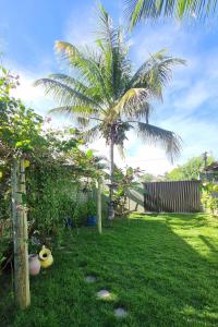 une cour avec un palmier et une pelouse verte dans l'établissement Casa ampla e muito arborizada!, à Prado
