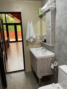 a bathroom with a sink and a toilet and a mirror at Aframe Villa Qabala in Gabala