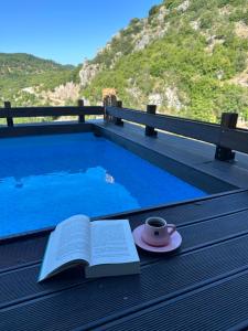 a book and a cup of coffee on a table next to a pool at Kipi Mountain Resort in Kipoi