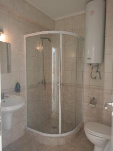 a bathroom with a shower and a toilet and a sink at CunninghamsSilver in Sunny Beach