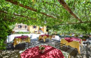 an outdoor patio with tables and chairs and trees at Pet Friendly Home In Laureana Cilento in Laureana Cilento +34 photos