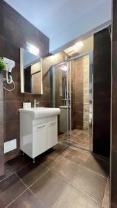 ein Badezimmer mit einem weißen Waschbecken und einer Dusche in der Unterkunft Vila Blanc in Costinești