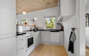 a kitchen with white cabinets and a wooden ceiling at Stunning Home In Middelfart With Wifi in Middelfart