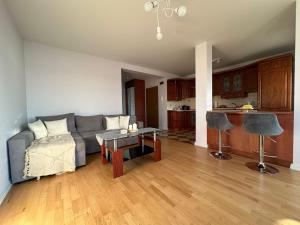 a living room with a couch and a table at Chillout u Oli Apartament nad samym jeziorem in Ostróda