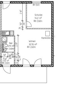 a floor plan of a small house with dimensions at Ferienhof Nonnevitzer Strand, Typ B in Dranske