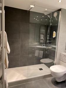 a bathroom with a glass shower with a toilet at Country Hotel Timmendorfer Strand in Timmendorfer Strand