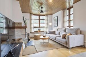 un soggiorno con divano e camino di Luderna - Apartamento Aiguestortes a Vielha