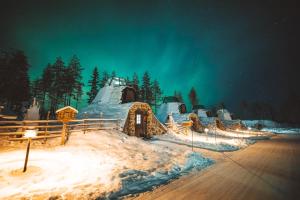 a igloo house in the snow at night at Apukka Resort in Rovaniemi