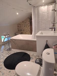 a bathroom with a tub and a toilet and a sink at Lecarréblanc in Izaut-de-lʼHôtel +22 photos