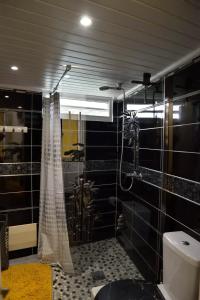 a black tiled bathroom with a shower and a toilet at Appartement charmant au Gosier avec terrasse de 32 m² in Le Gosier