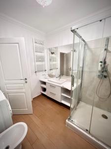 a bathroom with a shower and a sink at Armonia Apartments in Timişoara +9 photos