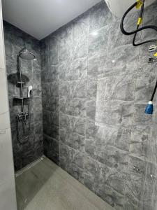 アディスアベバにあるIconic Apartmentsの石壁のバスルーム(シャワー付)