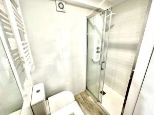 a bathroom with a toilet and a shower at Camín al Mar cudillero parking free sea views in Cudillero